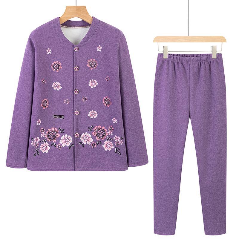 Elderly Women's Fleece-Lined Winter Underwear Set - Warm Pajamas & Cardigan