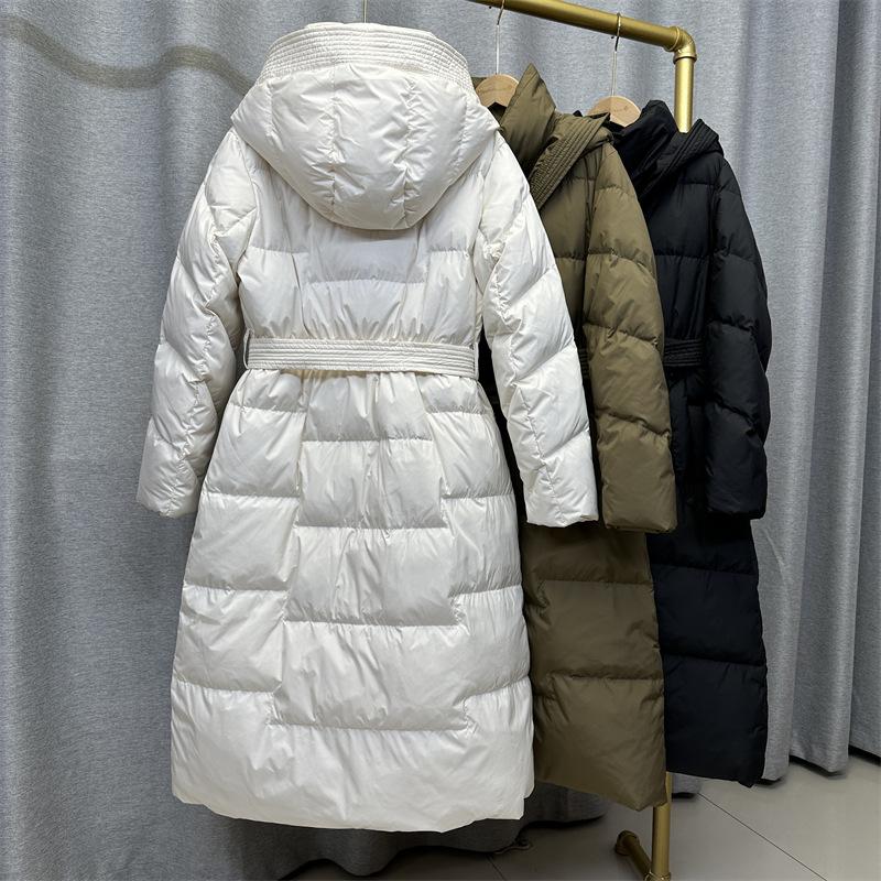 Women's Winter Autumn Hooded White Duck Down Jacket Coat Loose Long Solid Color Big Pocket Belt Waist Down Coat