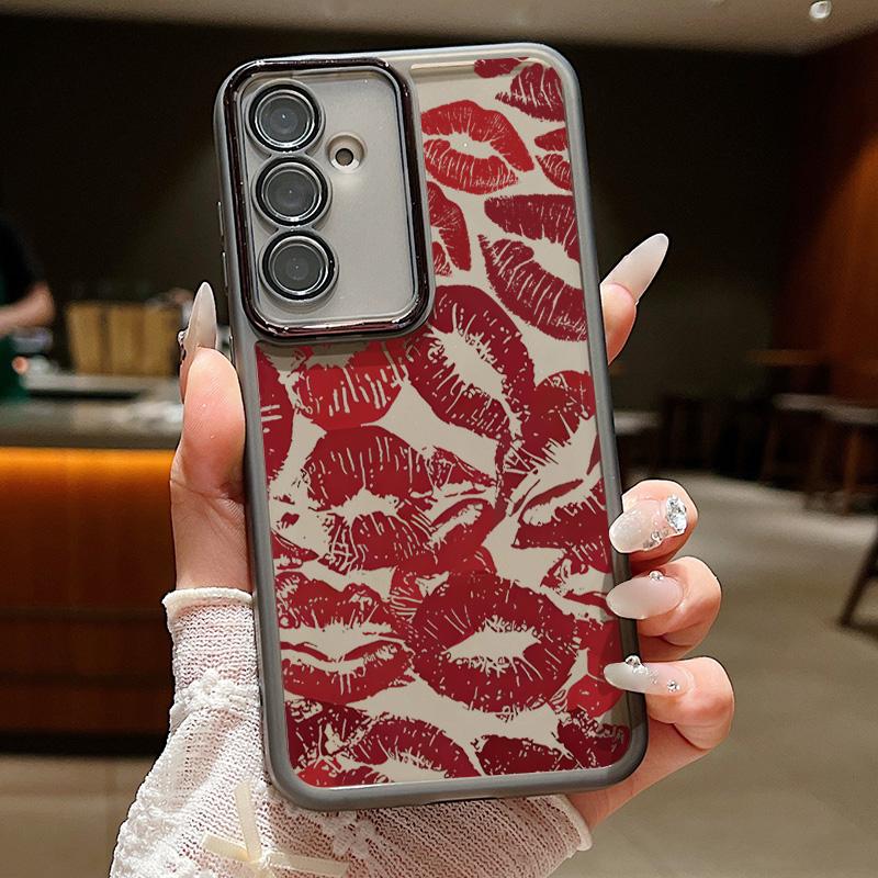 Carcasă de telefon transparentă subțire cu model de buze roșii pentru Samsung S25 Ultra S24 FE S23 Plus A56 A36 A16 A55 A15, folie de protecție pentru lentilă, rezistentă la șocuri, silicon moale, capac