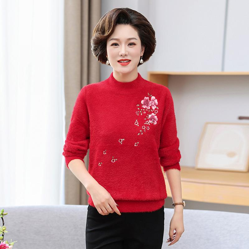 

Пуловер из искусственного норкового бархата для мам среднего и пожилого возраста, вязаный верх с вышивкой, свободный повседневный толстый низ свитера для женской одежды