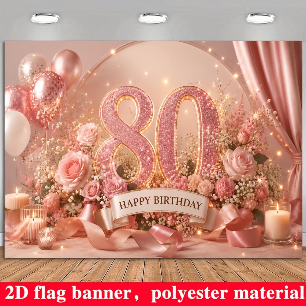 80th Birthday Party Banner Backdrop Rose Pink Polyester Photo Wall Decor