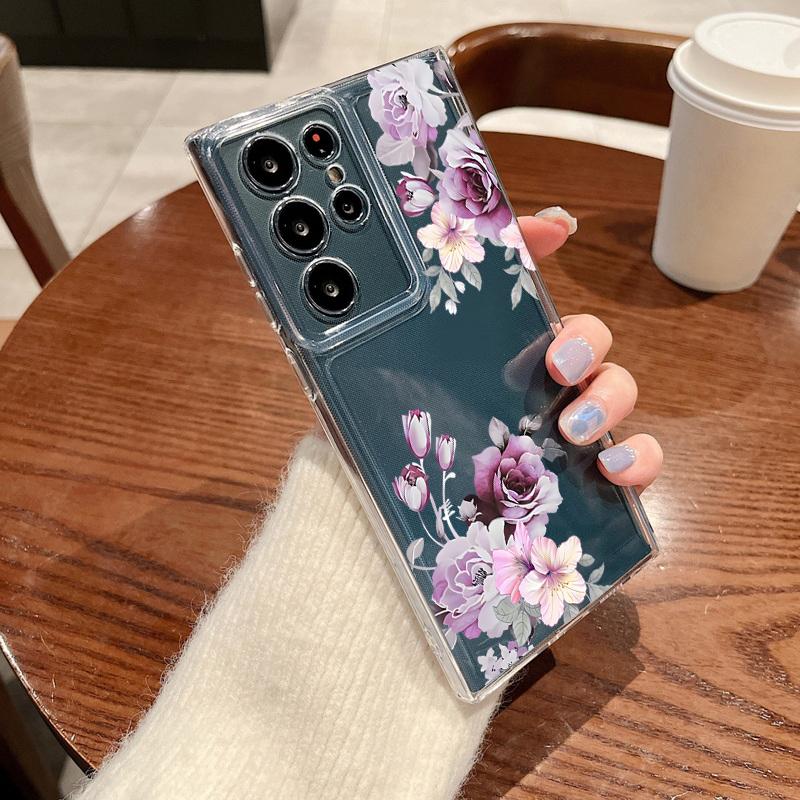 

Luxury Flower Pattern Phone Case For Samsung Galaxy S26 S25 S24 S23 Ultra S22 Plus S24 S21 FE S25Edge Transparent TPU Soft Cover Galaxy S21 FE 5G