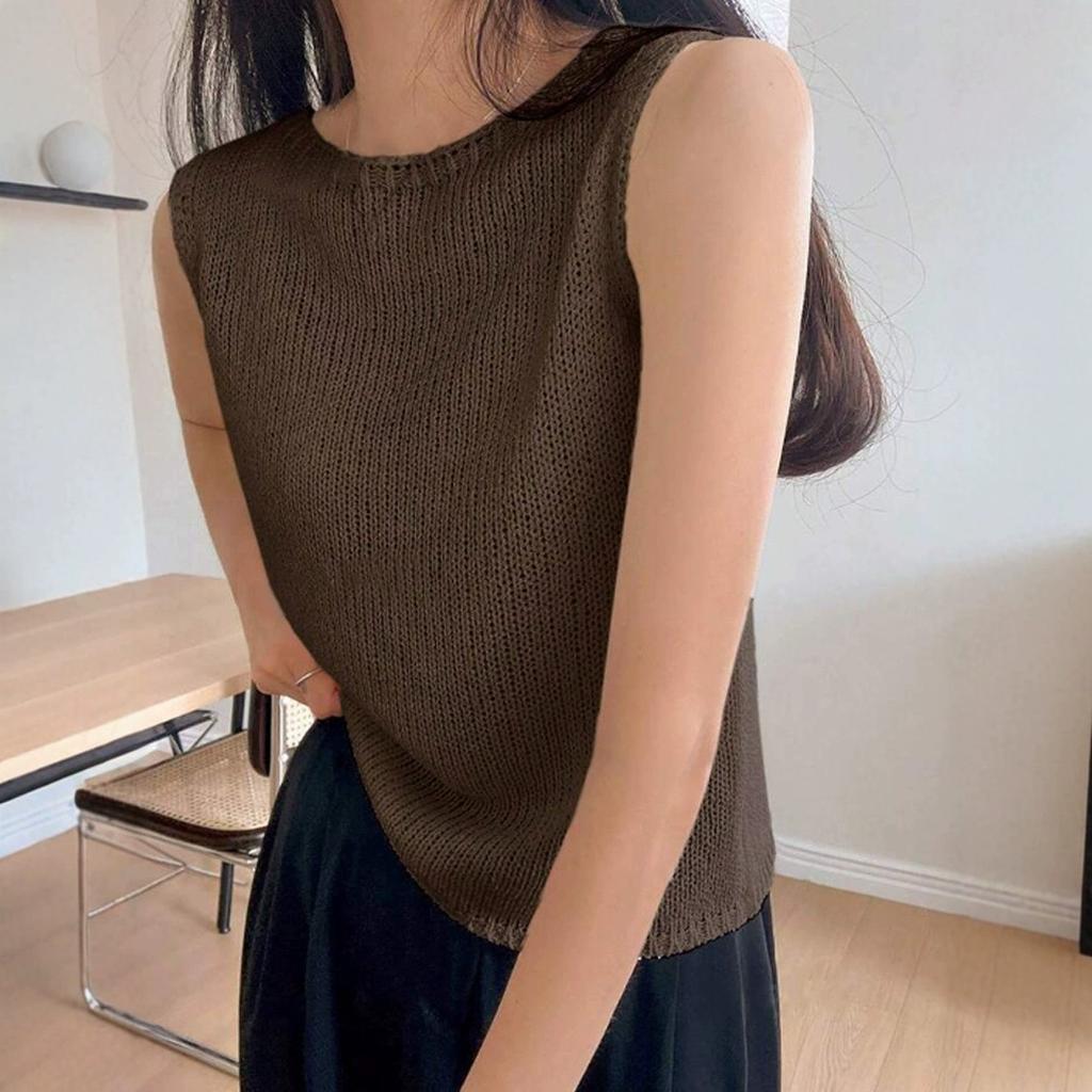 Damski dzianinowy top bez rękawów z okrągłym dekoltem, letni minimalistyczny sweter kamizelka