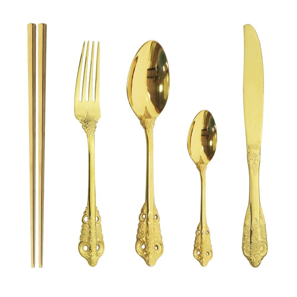5Pcs Palace Style Dinnerware Stainless Steel Kitchen Portable Cutlery Set of Tableware Spoon Forks Knives Chopstick Silverware