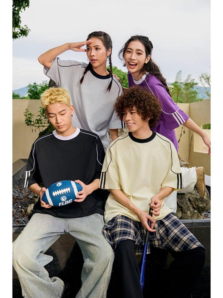 Unisex Color-Block Braided Cord Pull Tab Drop-Shoulder T-Shirt with Round Neck