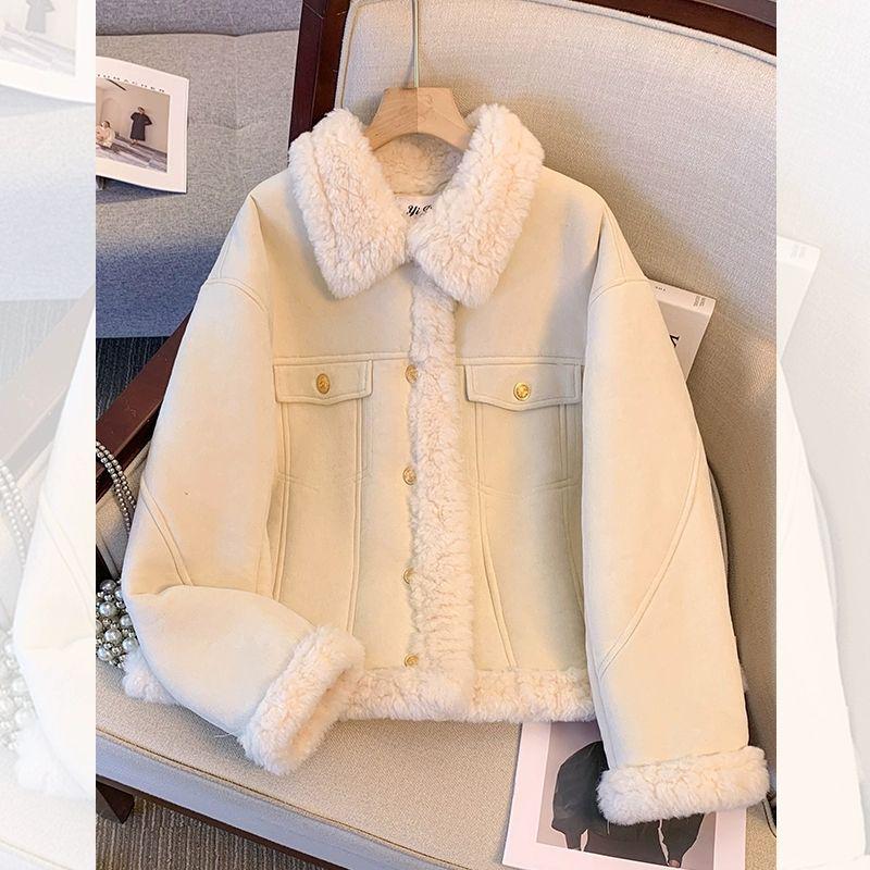 

Women s 2025 Autumn/Winter Pink Lambswool Patchwork Plush Velvet Jacket M (100-110 jin) бежевий