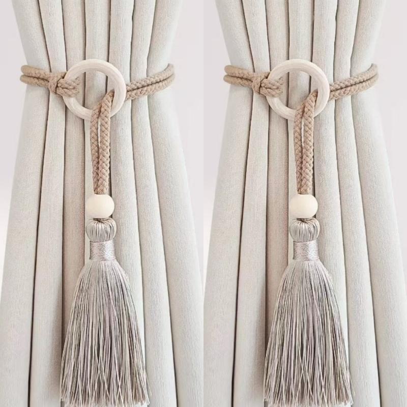 2 Piezas Chic Bohemio Cordón de Algodón Ajustable Cortina Amarre Borla - Tejido a Mano, Correa Hebilla de Cortina con Anilla de Madera
