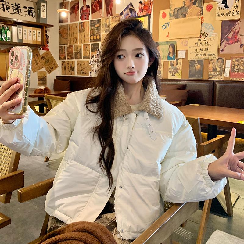 

New cotton-padded women s stand-up collar lamb wool leave-in leather small thickened warm jacket bread clothes S