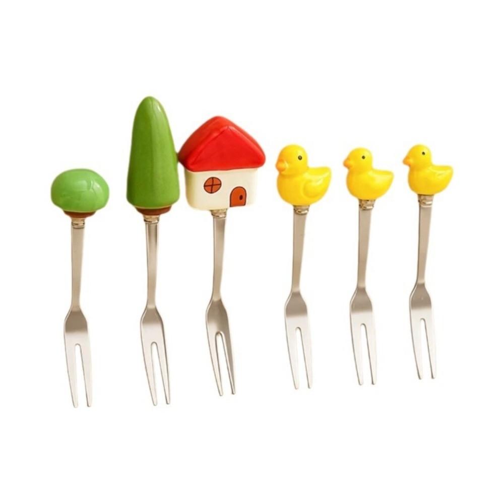 6Pcs Cartoon Fruit Dessert Fork Reusable Cute Fruit Forks Stainless Steel Cake Fork  Dessert Serving 6Pcs