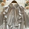 Satin Loose Shirt Long Flared Sleeves Ruffles O Neck Beading  Women Gentle Office Lady Casual Blouse