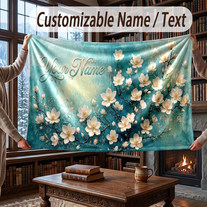 Floral Garden Theme Throw Blanket Custom Name Text Personalized Blanket Soft Cozy Blanket for Home Sofa Bed