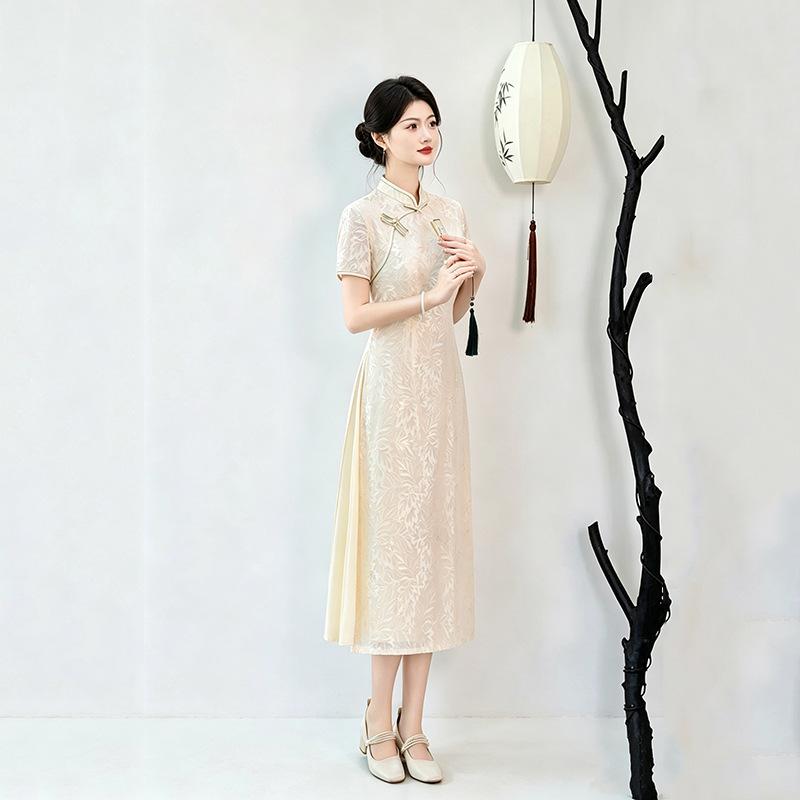 Champagne Aodai national style new Chinese cheongsam improved young women's high-end retro short-sleeved dress summer