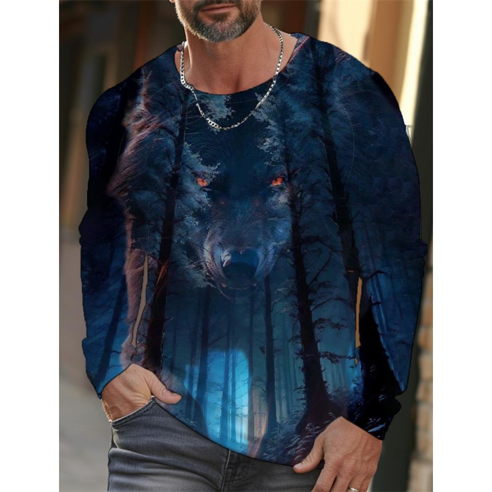 Long-sleeve 3D printed wolf pattern stylish T-shirt, men's street casual, round-neck trendy T-shirt
