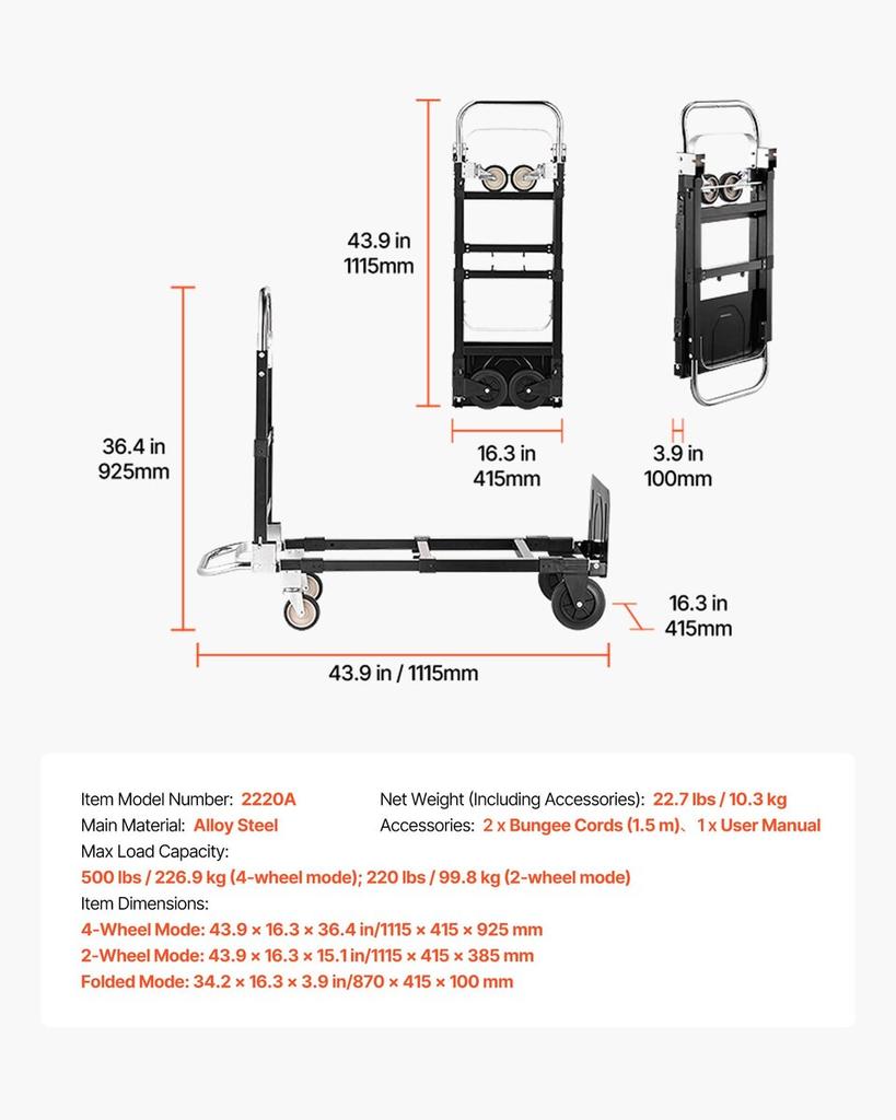 2 in 1 Folding Hand Truck, 226.9 kg Load Capacity for 4-Wheel Mode, Convertible Hand Truck Dolly with Wheels & Adjustable Handle, Portable Trolley