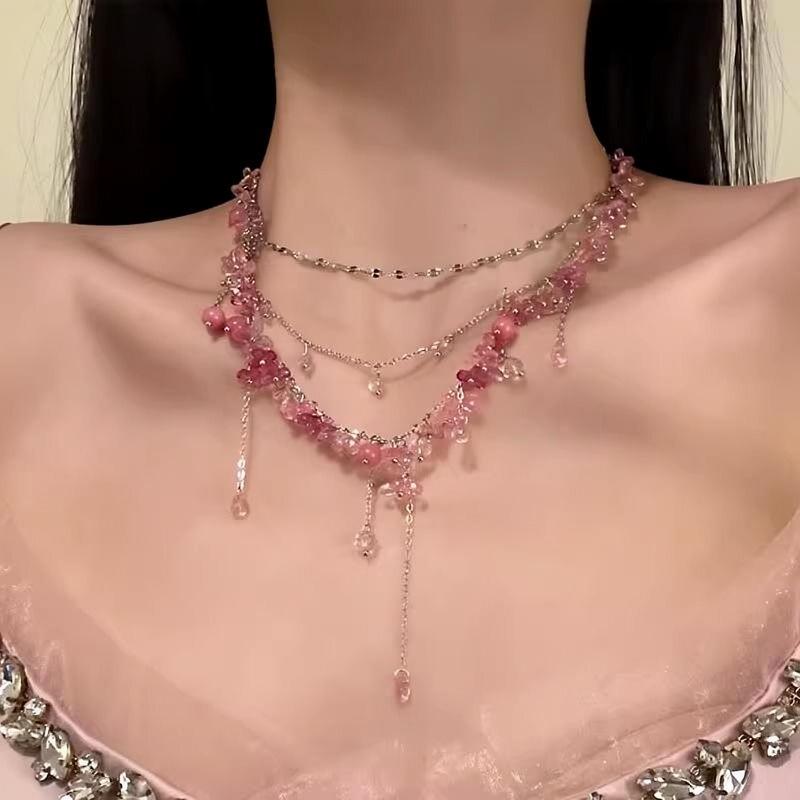 Dainty Trendy Romantic Pink Flower Beaded Chokers Stackable Necklace Handcrafted Fairy Tassel Women Wedding Summer Vacation