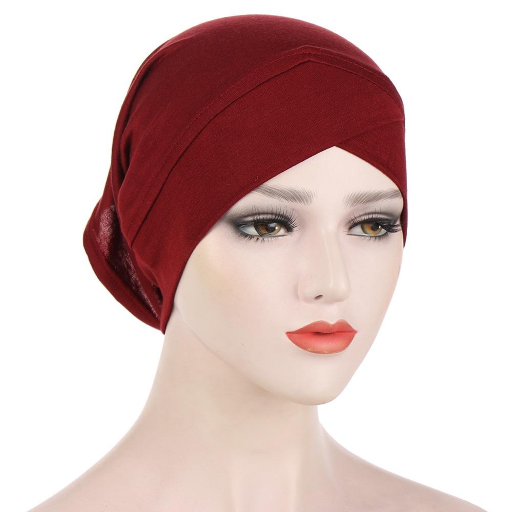

Comfortable Fit Solid Color Inner Cap Cotton Forehead Cross Under Scarf Caps Breathable Elastic Scarf Caps for Women