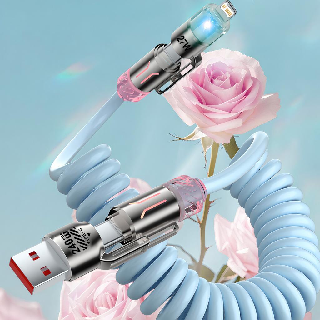 4 in 1 PD 240W Fast Charging Spring Cable USB Type C To Type C L And Data Cable Wire For iPhone 15 16 Samsung Xiaomi