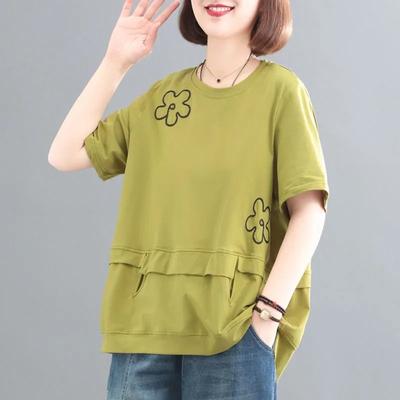 Pure Cotton Short-sleeved T-shirt for Women Summer New Korean Style Large Size Embroidered Pullover Fashionable