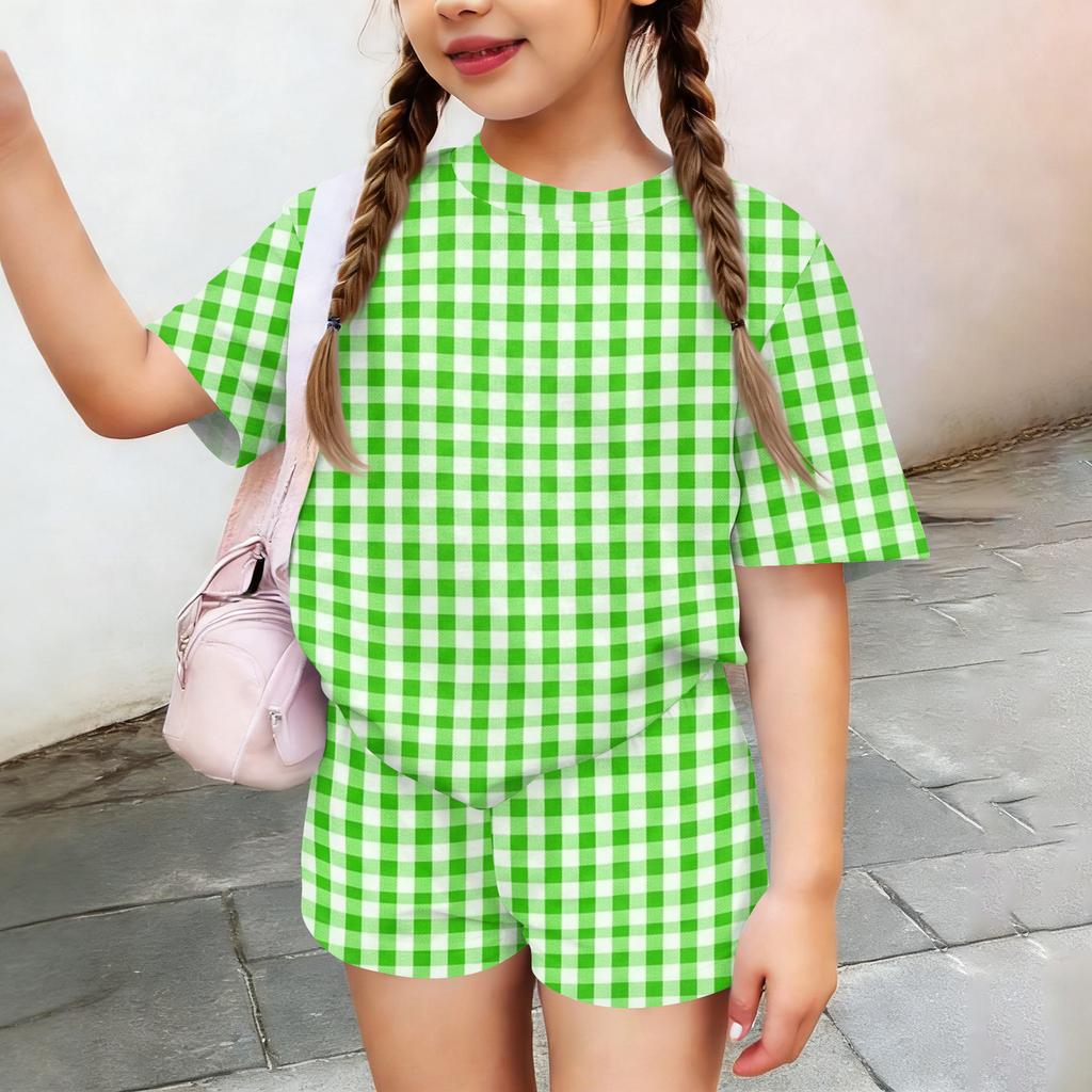 Kids Casual Short Sleeve Top and Shorts Set Plaid Pattern Lightweight Breathable Soft Fabric Comfortable Fit Summer Outfit for Boys Girls