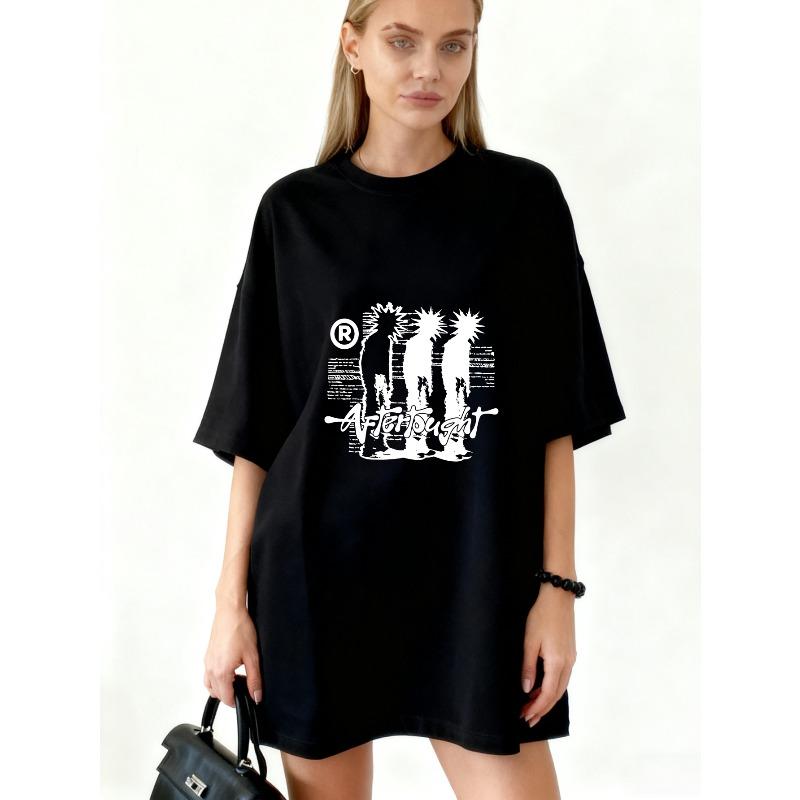 Oversized T Shirt Black Palm Tree And Text Print Casual Streetwear For Women S
