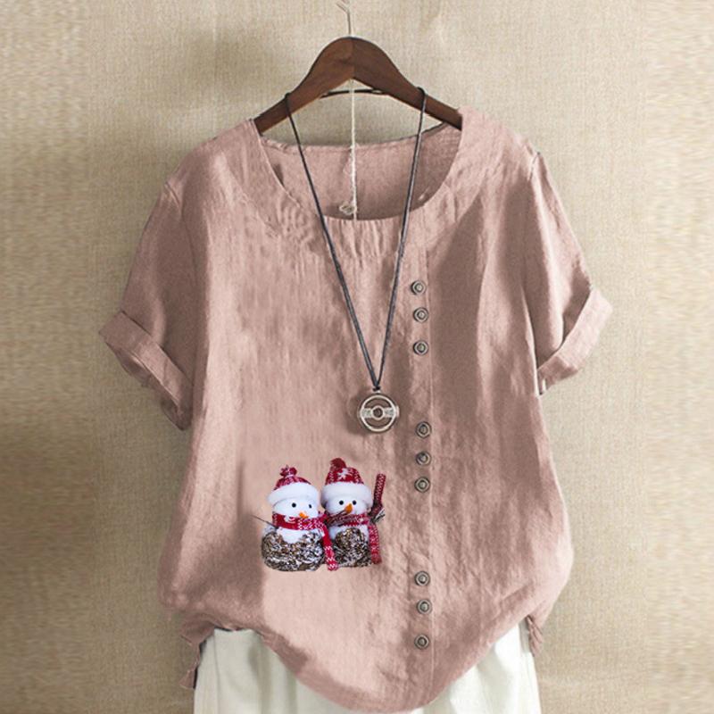 Women's Fashion Round Neck Short Sleeve T-shirt Casual Cotton Linen Graphic Shirt Leisure Loose Snowmen Prined Summer Blouse Tops