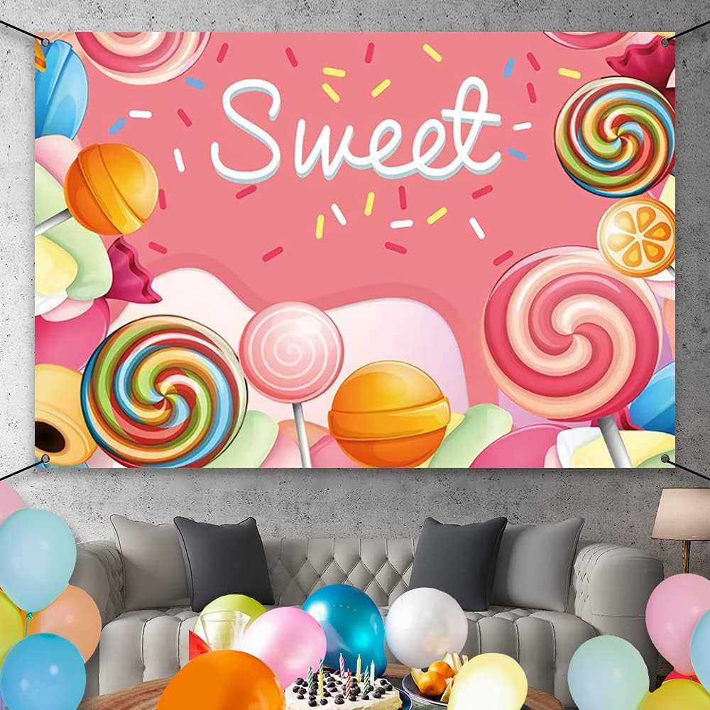AWERT Polyester 6x3.6ft Sweet Candyland Banner - Colorful Lollipops Backdrop - Candy Land Theme Baby Shower & Dessert Birthday Party Decoration