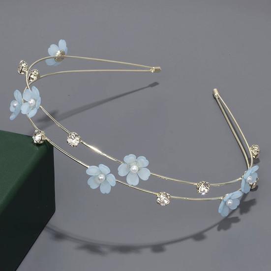 Fe Pige Hårbånd Dobbeltlags Design Hårbøjle med Blå Hvide Blomster Imitationsperler Rhinsten Bryllupper Fester Dating Hårpynt