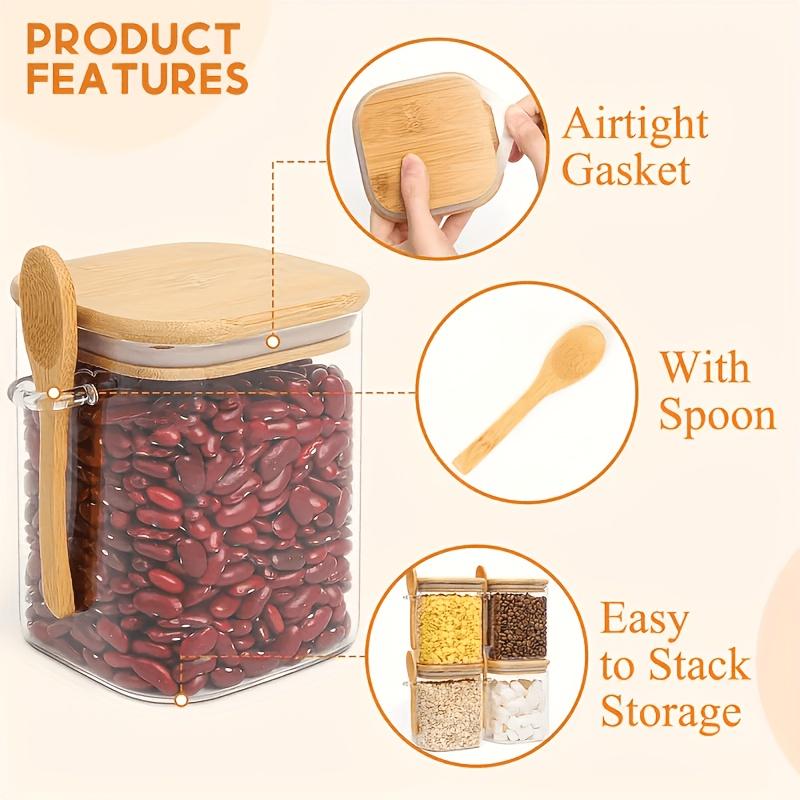 Glass sealed jar with spoon, kitchen miscellaneous grains and dried fruits storage bottle, bamboo and wood lid with spoon, household seasoning jar