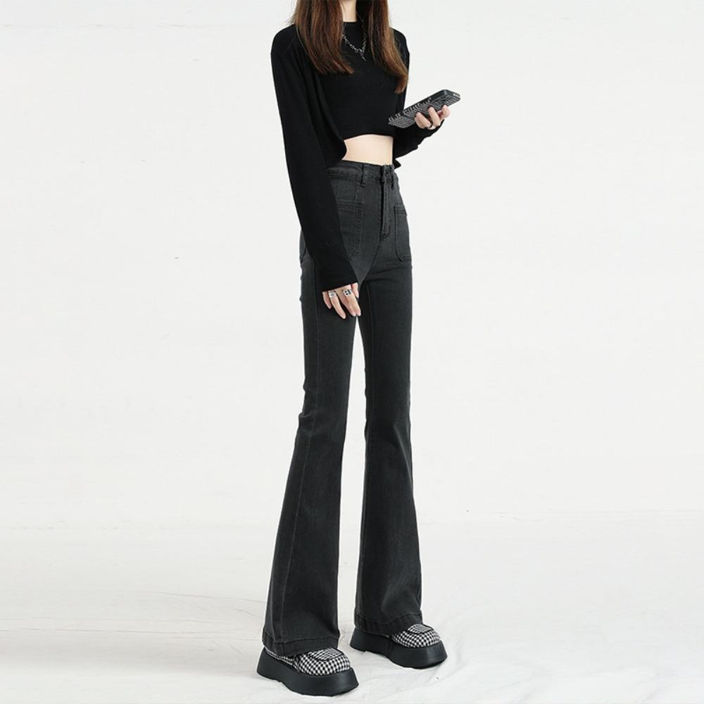 Black and gray Spice Girl micro-pull jeans women's 2025 new spring and autumn high-waisted hips and thin flared jeans