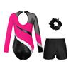 Girls Gymnastics Outfit Long Sleeve Rhinestone Leotard Cutout Back Patchwork Design with Waistband Shorts