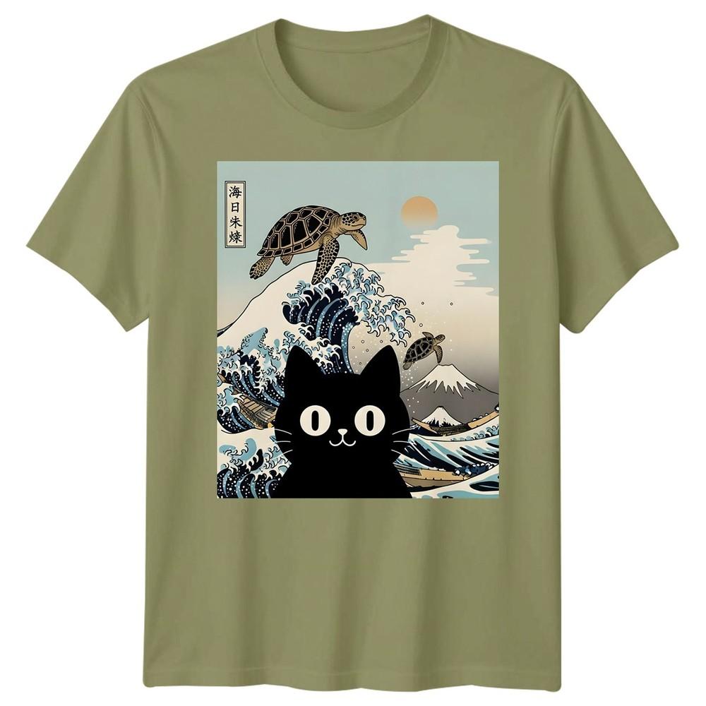 Black Cat Sea Turtle Kai Nichi Bei Yaki Japanese Art Ukiyoe Style Graphic Tee