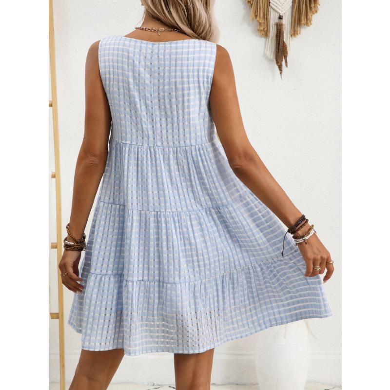Summer Fashion Women's Loose Casual Flowing Sleeveless Plaid Dress