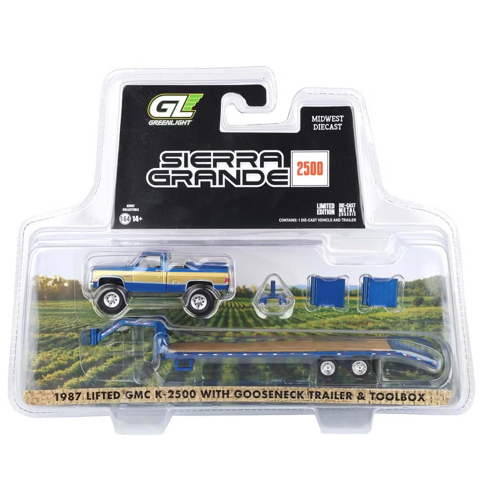 Greenlight 1/64 1987 GMC K2500 PICK UP TRUCK W/GOOSENECK FLATBED TRAILER (BLUE)