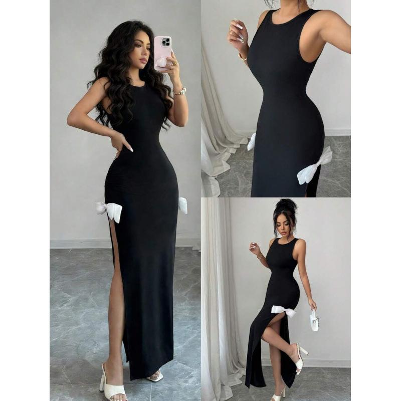 European and American crew neck bow decorative fashion dress women s 2026 summer new slit skirt S