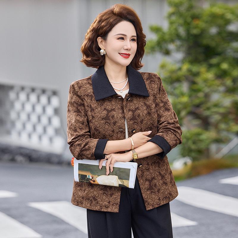 Elegant Spring & Autumn Lapel Jacquard Jacket for Middle-Aged Women