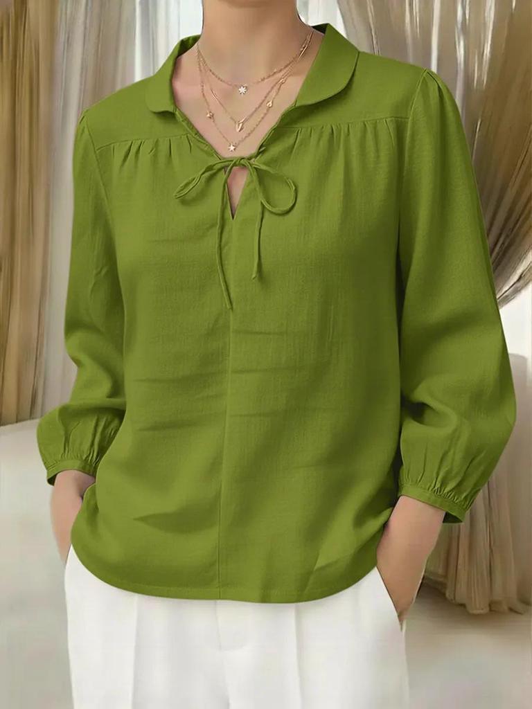 Spring/Summer 2026 Women's Lace Peter Pan Collar Tie-up Top with Lantern Sleeves and Loose Fit