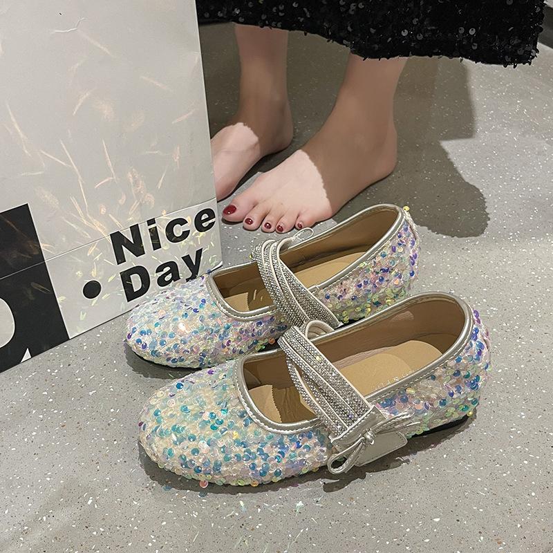 French Inner Height Increase Sequined Mary Jane Shoes Women's 2025 New Autumn Bow Word with Soft Sole Light Mouth Single Shoes