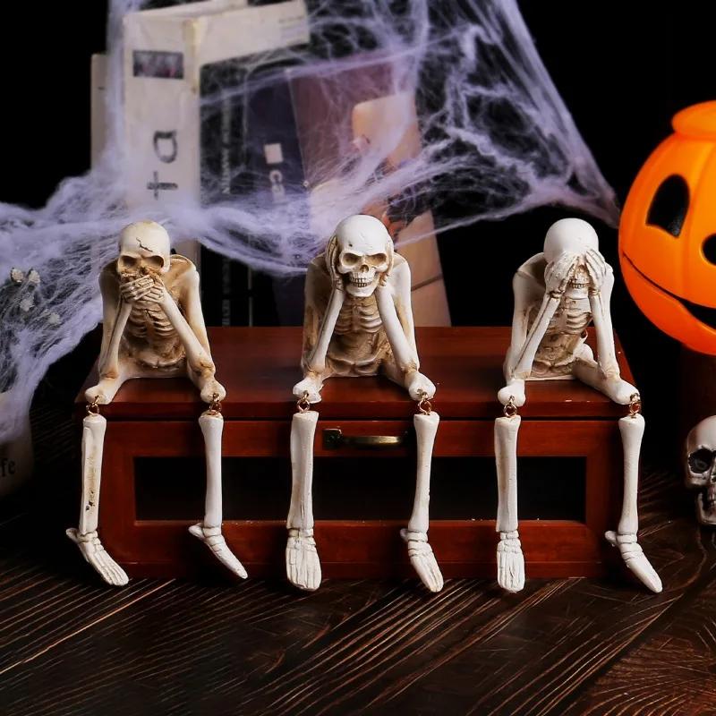 Halloween Resin Statues - See/Speak/Hear No Evil Skeleton Figurines Realistic Skull Decor for Bookshelf & Table Edge Ornament