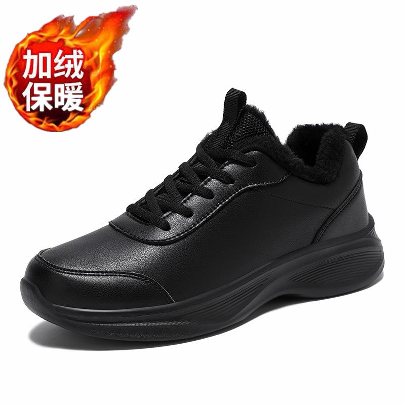 Leather shoes winter velvet warm cotton shoes two cotton non-slip running shoes flat all black sports and leisure shoes