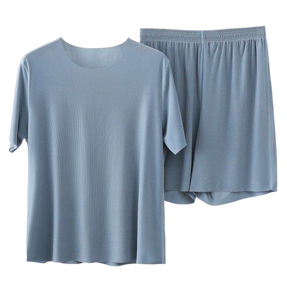 

2 шт./комплект мужской домашней одежды с круглым вырезом и короткими рукавами, эластичный пояс, широкие шорты, комплект из однотонного шелкового ледяного цвета, домашняя одежда, бесшовная пижама XL синий
