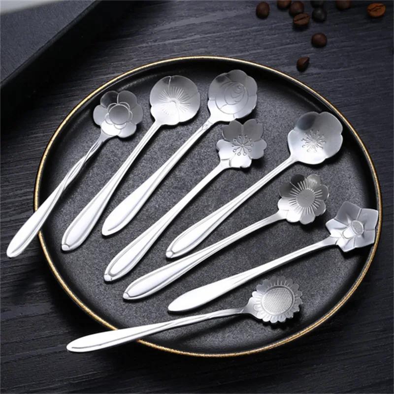 8pcs Teaspoons Set Stainless Steel Spoon Cherry Rose Gold Silver Scoop Coffee Spoon Christmas Gift Kitchen Accessories Tableware