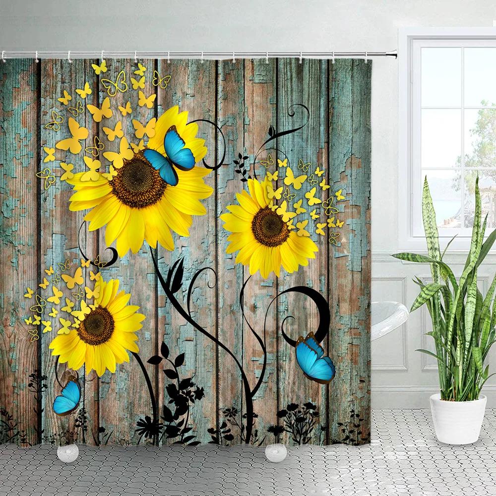 Rustic Flowers Shower Curtains Red Pink Rose Butterfly Sunflower Spring Nature Floral Bath Curtain Set Bathroom Decor with Hooks