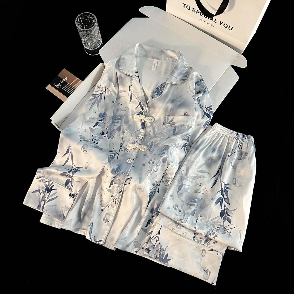 New Chinese Style Ice Silk Pajamas for Women: Cardigan Lapel with Retro Frog Button, Floral Design Home Wear.