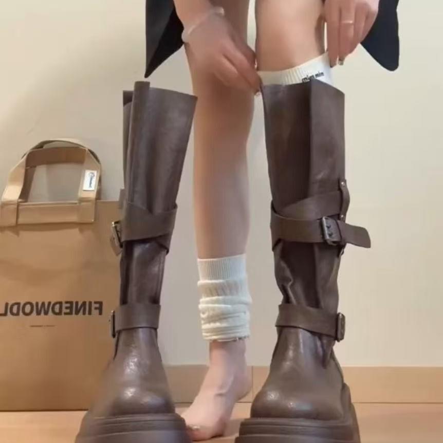 Maillard platform belt buckle boots women's 2025 new autumn and winter retro height increase but knee high knight boots