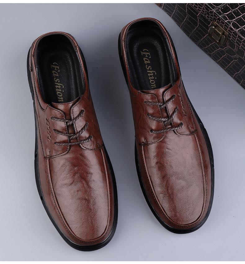 Men's Large Size Leather Business Shoes - Soft Sole, Non-Slip, Lace-Up, Ideal for Middle-Aged and Elderly.
