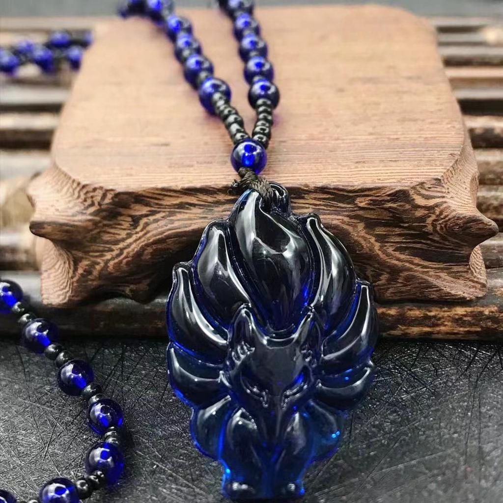 Obsidian Nine-Tailed Fox Pendant Necklace for Men and Women