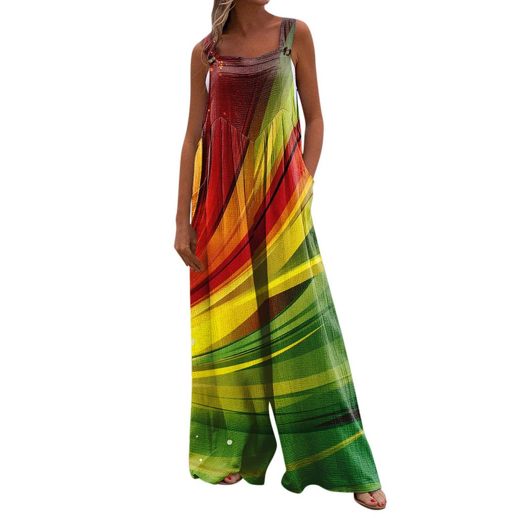 Salopette a gamba larga da donna casual ampia senza maniche con stampa bottoni pantalone lungo tutina jumpsuit con tasche