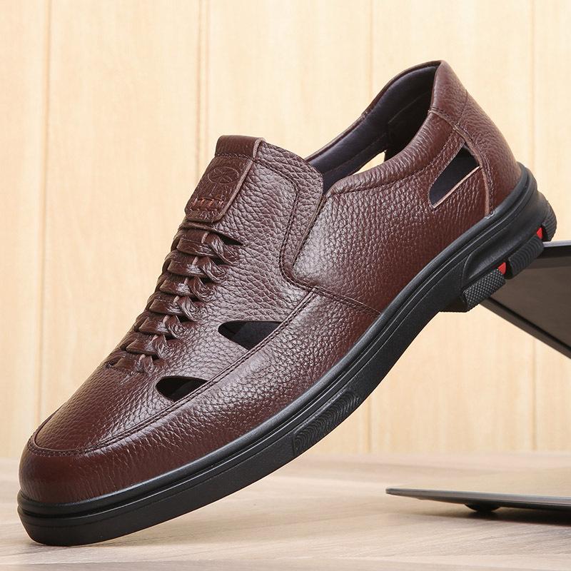 Foreign Trade Large Size 46 Size 47 Leather Sandals Men's Dad Shoes Cowhide Leather Soft Sole Summer Hollow Hole Shoes