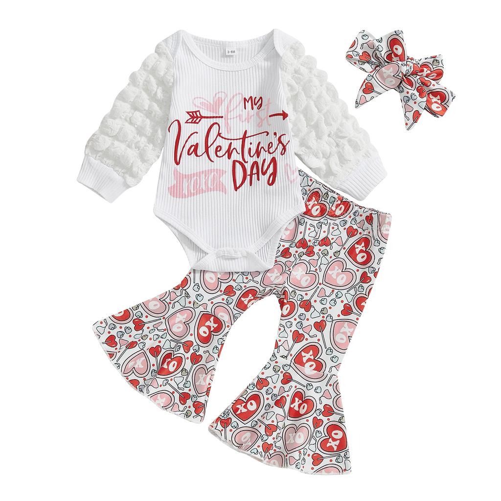 Baby Girls Valentine 's Day Outfits Puff Sleeve Letter Print Romper + Pants + Hat Set Infant Clothes
