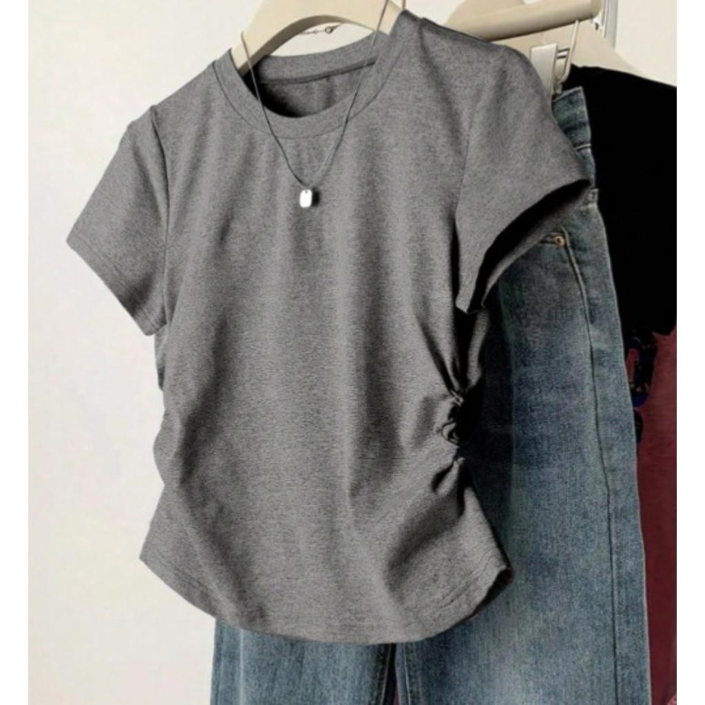 Nueva Camiseta de Verano de Manga Corta con Hombro Descubierto, Versátil Versión Coreana Ajustada Talla Grande Top Ligeramente Gordito con Ceñido a la Cintura y Efecto Adelgazante